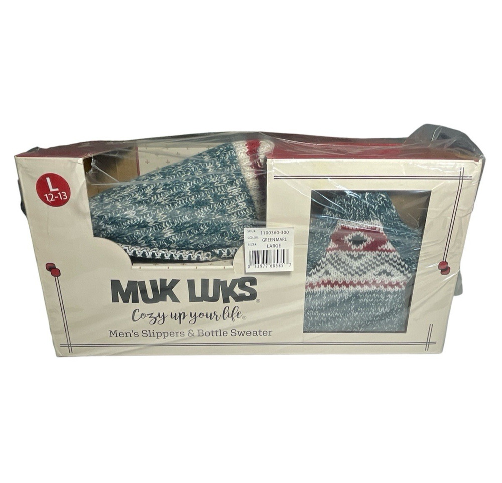 NEW MUK LUKS Men's Rib Knit Scuff Slippers w/Matching Bottle Sweater Large 12-13